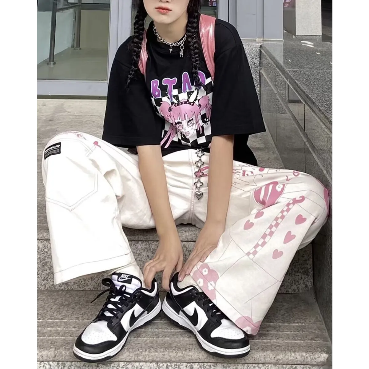 Pink Graffiti Print Wide-Leg Jeans