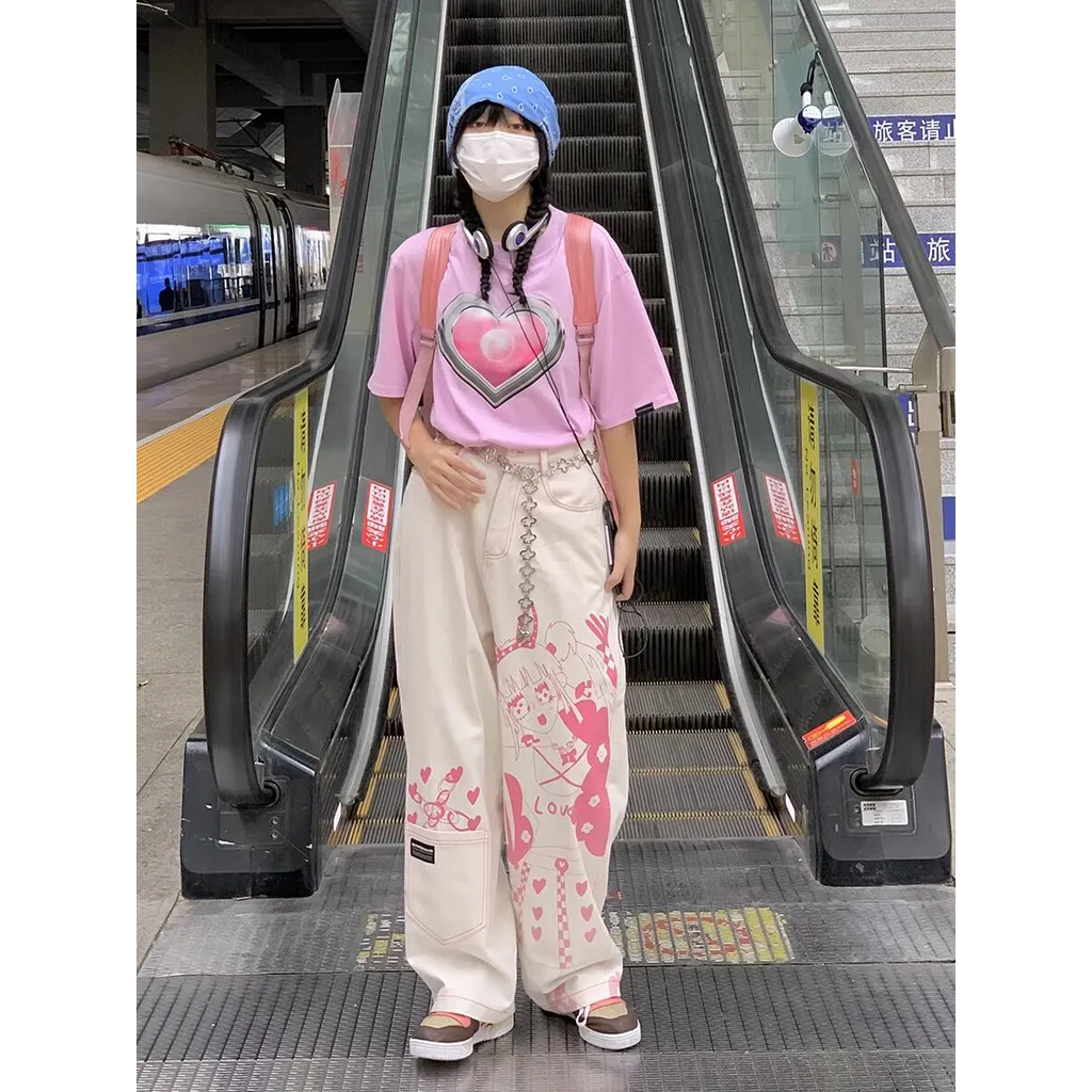 Pink Graffiti Print Wide-Leg Jeans