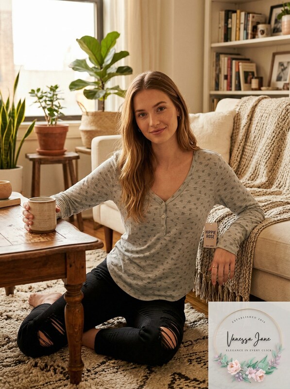 Hippie Rose Juniors Waffle-Knit Henley Top – L