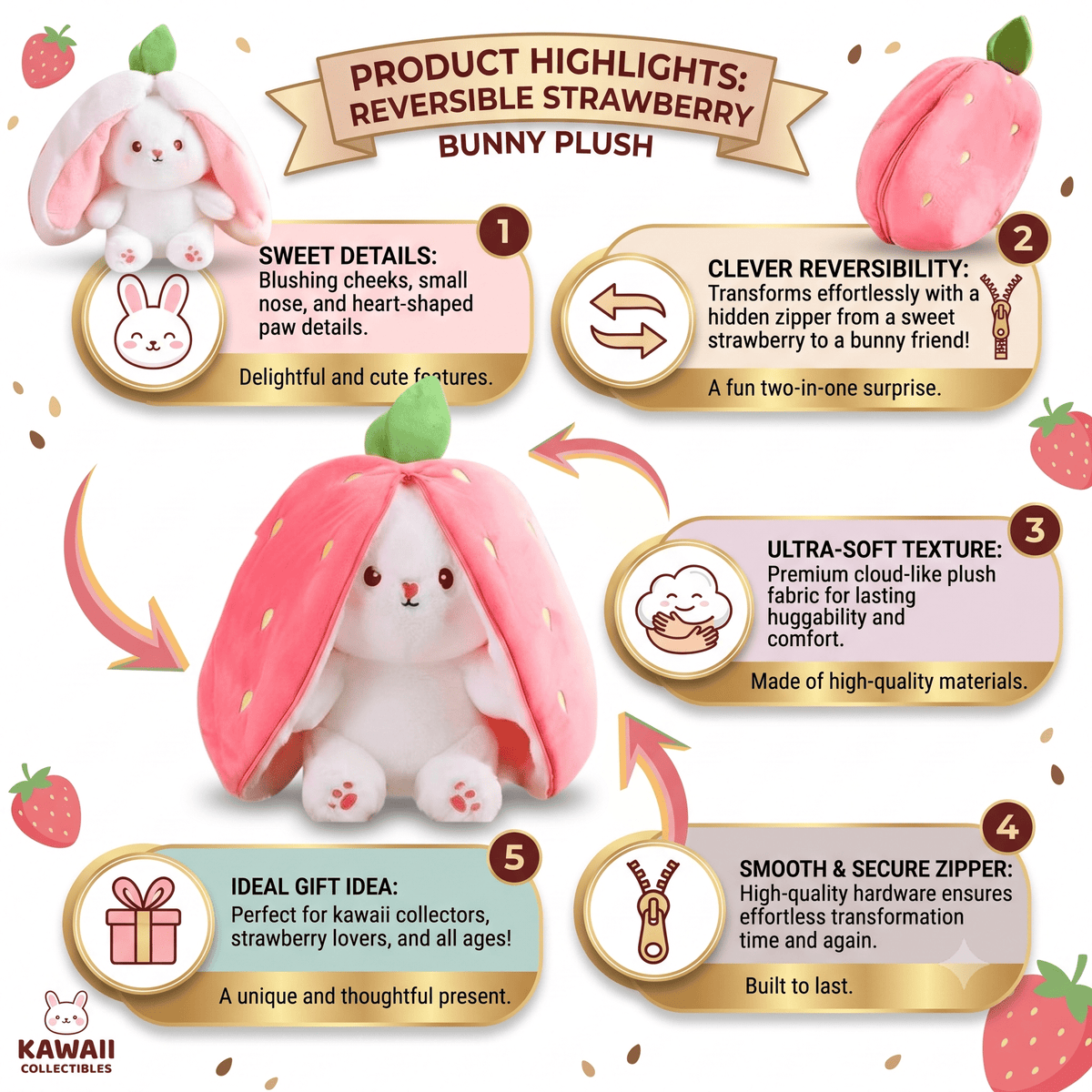 Reversible Strawberry & Carrot Bunny Plush Toy