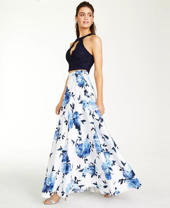 City Studios Juniors Lace Top & Long Floral Skirt Set