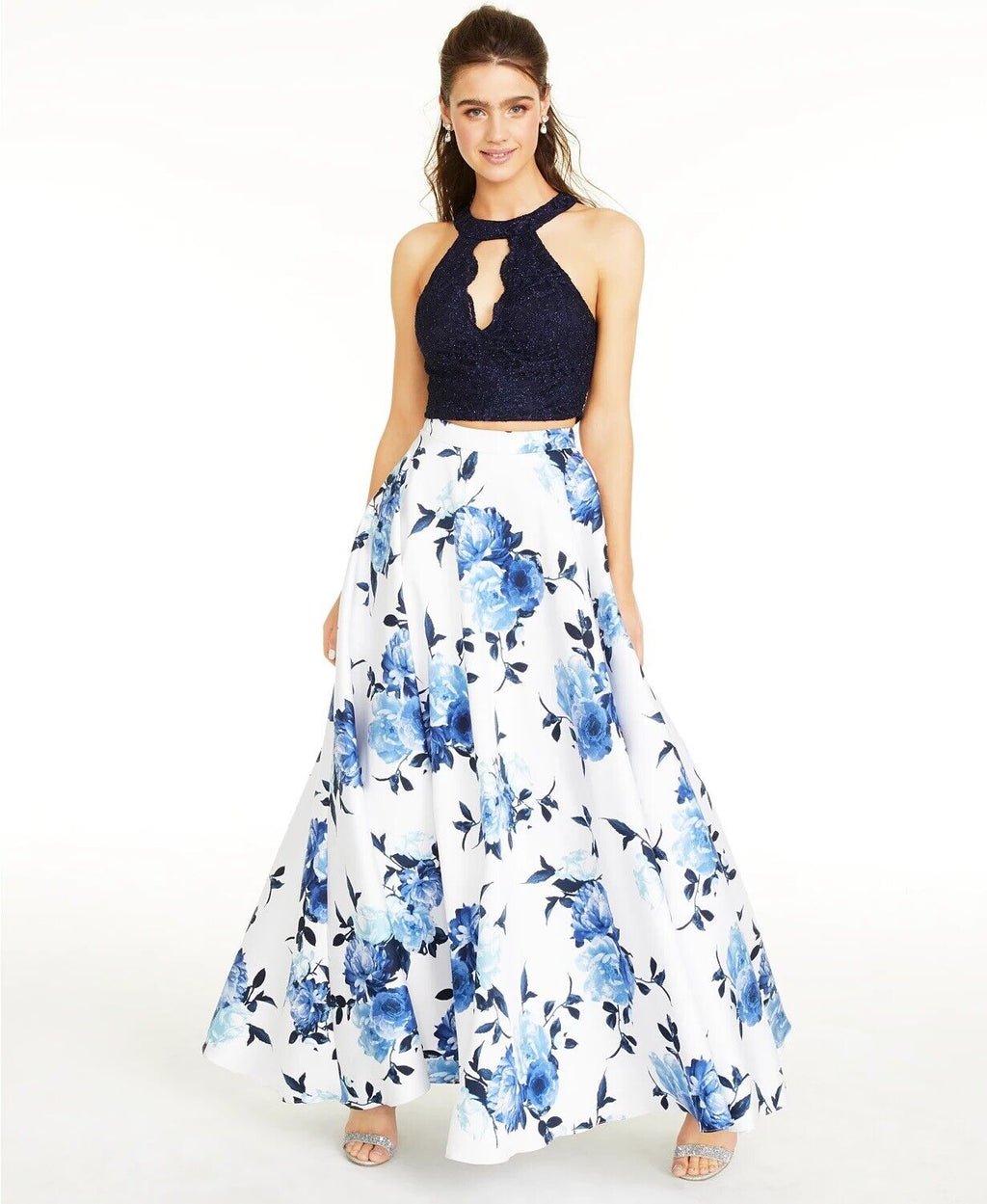 City Studios Juniors Lace Top & Long Floral Skirt Set