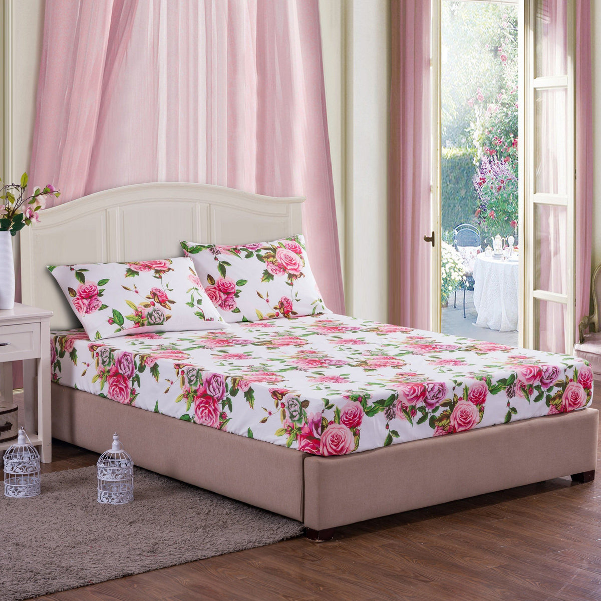 DaDa Bedding Romantic Roses Floral Fitted Sheet Set — Pink