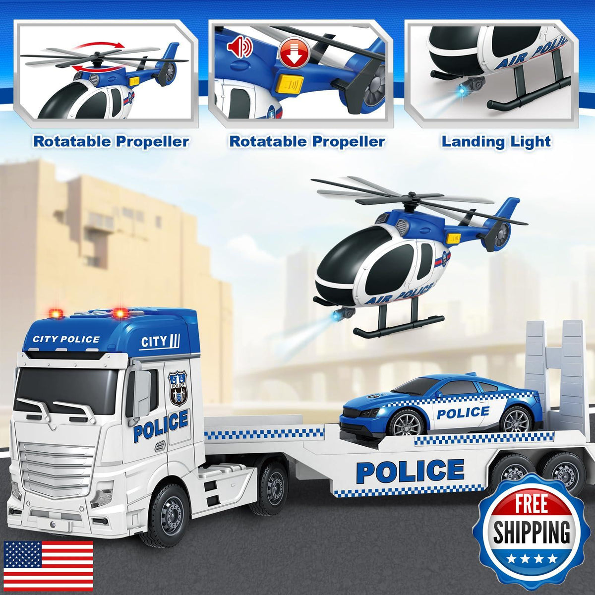 25-Inch Police Transport Truck & Race Car Toy