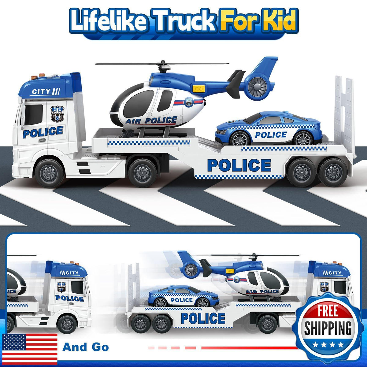 25-Inch Police Transport Truck & Race Car Toy