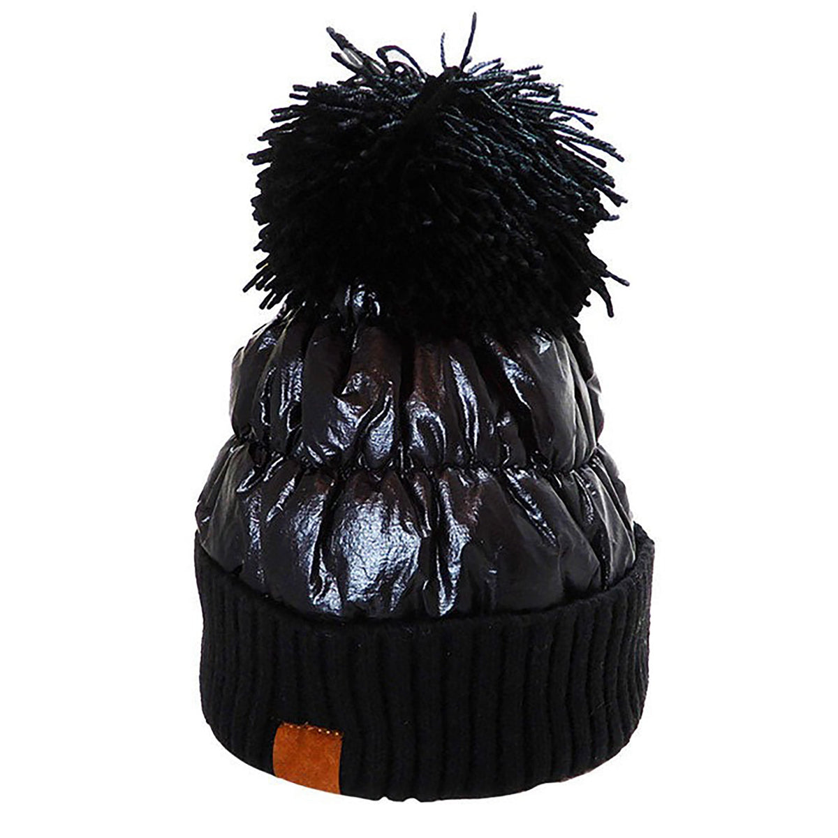 Women’s Glossy Puffer Knit Beanie with Pom-Pom