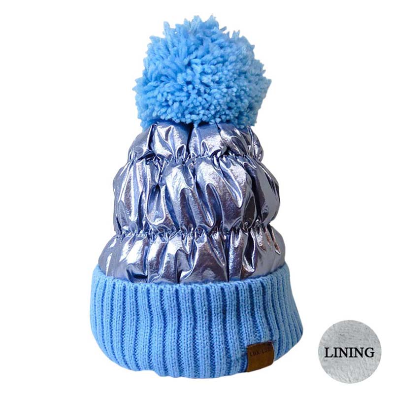 Women’s Glossy Puffer Knit Beanie with Pom-Pom