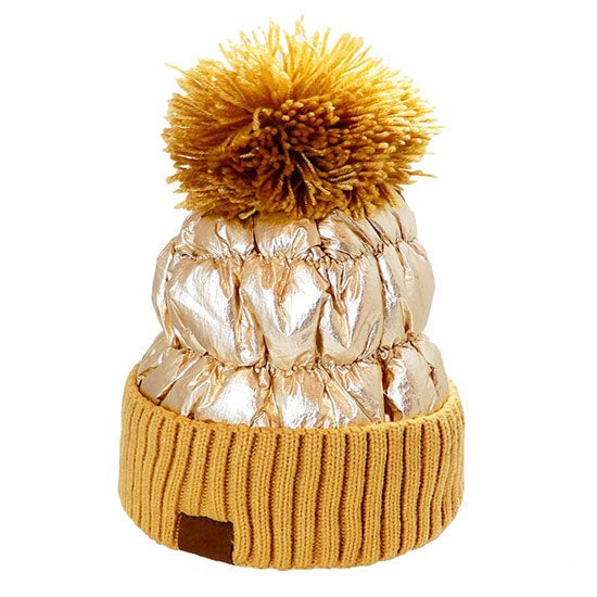 Women’s Glossy Puffer Knit Beanie with Pom-Pom