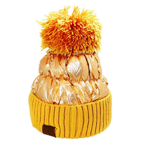 Women’s Glossy Puffer Knit Beanie with Pom-Pom