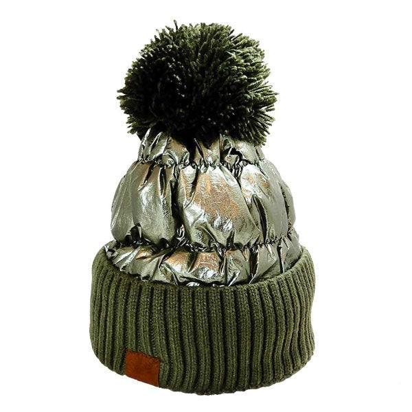 Women’s Glossy Puffer Knit Beanie with Pom-Pom