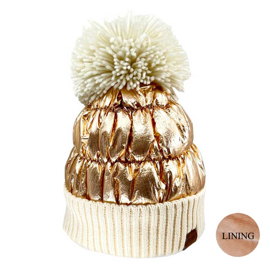 Women’s Glossy Puffer Knit Beanie with Pom-Pom