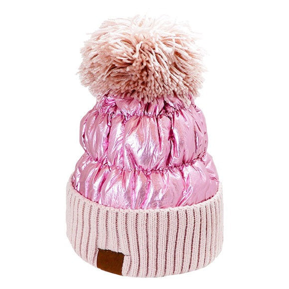 Women’s Glossy Puffer Knit Beanie with Pom-Pom