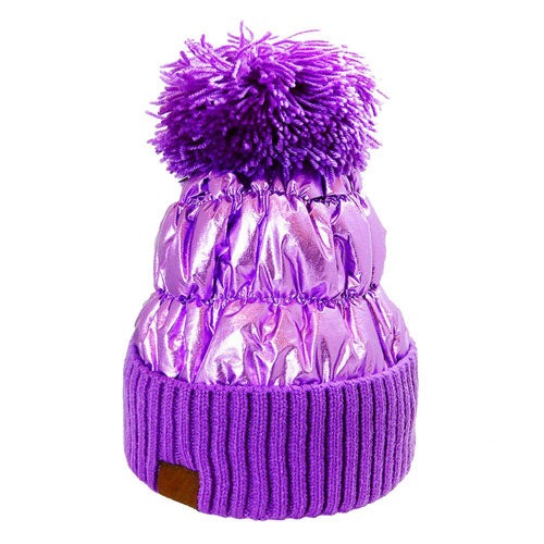 Women’s Glossy Puffer Knit Beanie with Pom-Pom