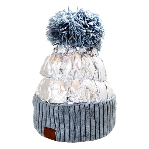Women’s Glossy Puffer Knit Beanie with Pom-Pom