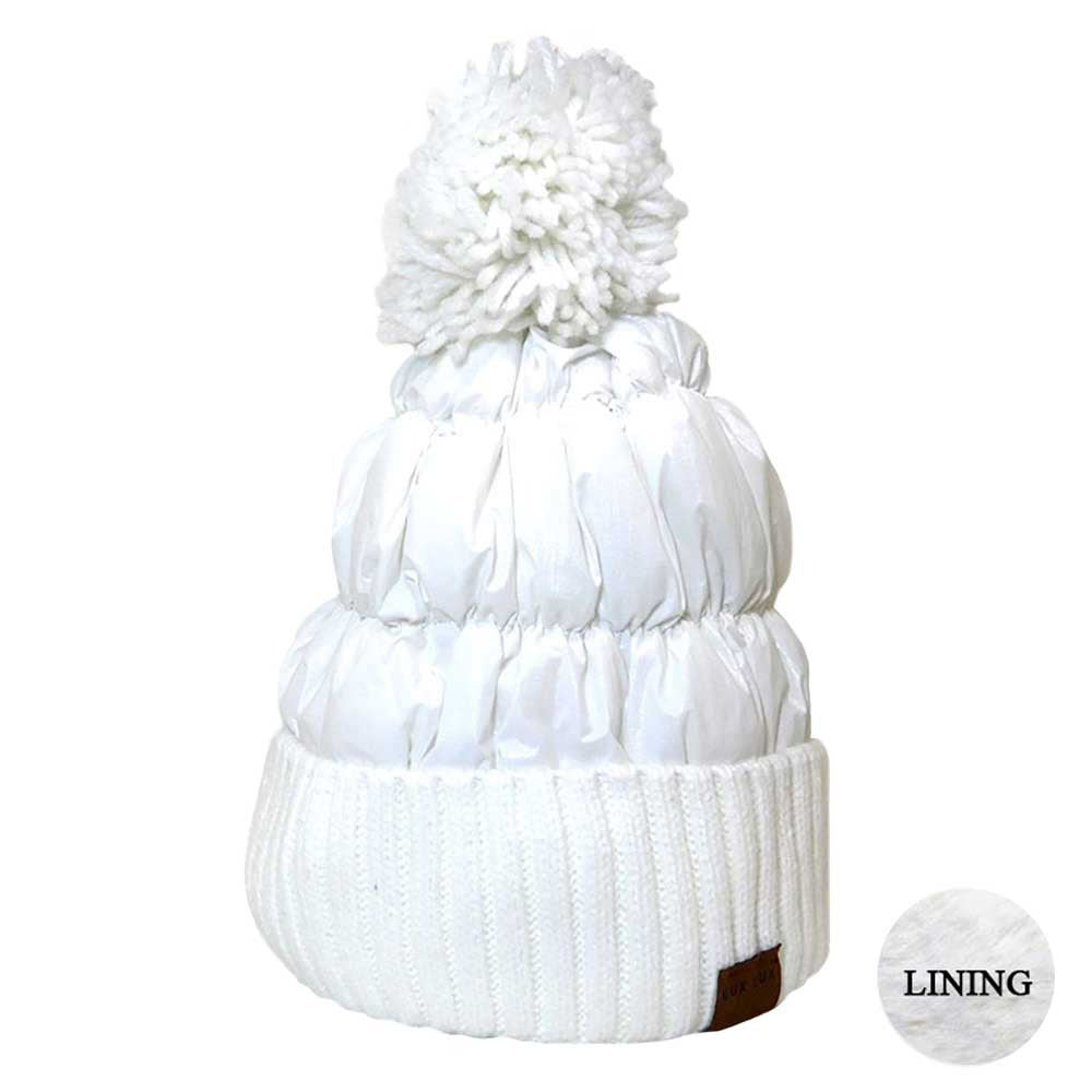 Women’s Glossy Puffer Knit Beanie with Pom-Pom