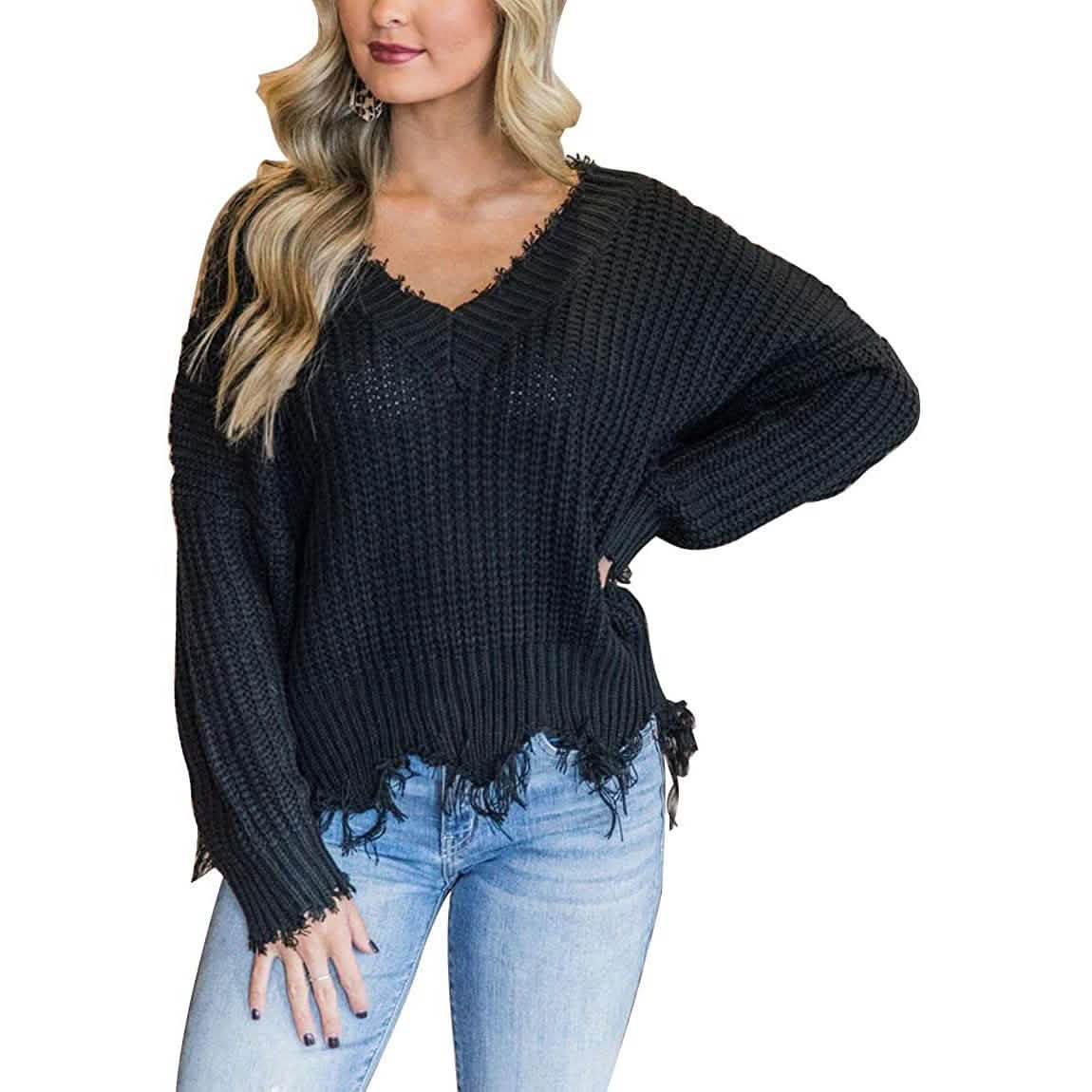 Women’s Distressed V-Neck Cropped Knit Sweater