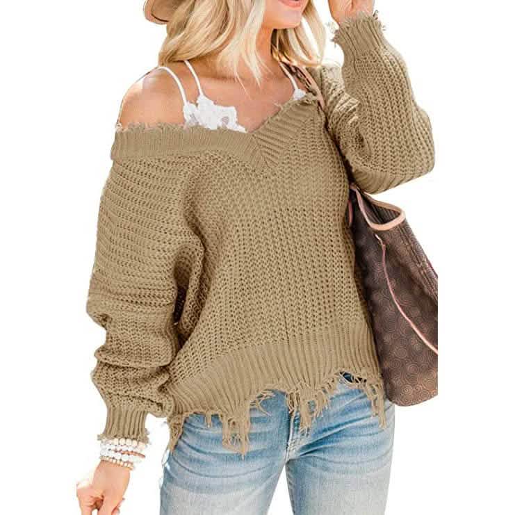 Women’s Distressed V-Neck Cropped Knit Sweater