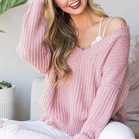 Women’s Distressed V-Neck Cropped Knit Sweater