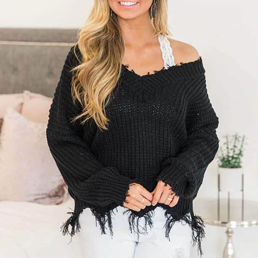 Women’s Distressed V-Neck Cropped Knit Sweater