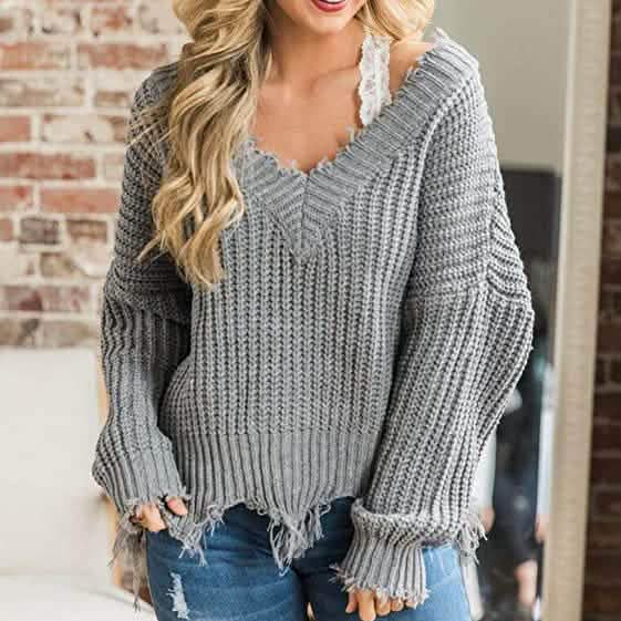 Women’s Distressed V-Neck Cropped Knit Sweater