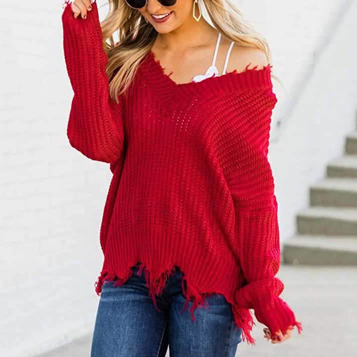 Women’s Distressed V-Neck Cropped Knit Sweater