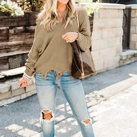 Women’s Distressed V-Neck Cropped Knit Sweater