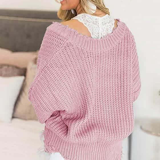 Women’s Distressed V-Neck Cropped Knit Sweater
