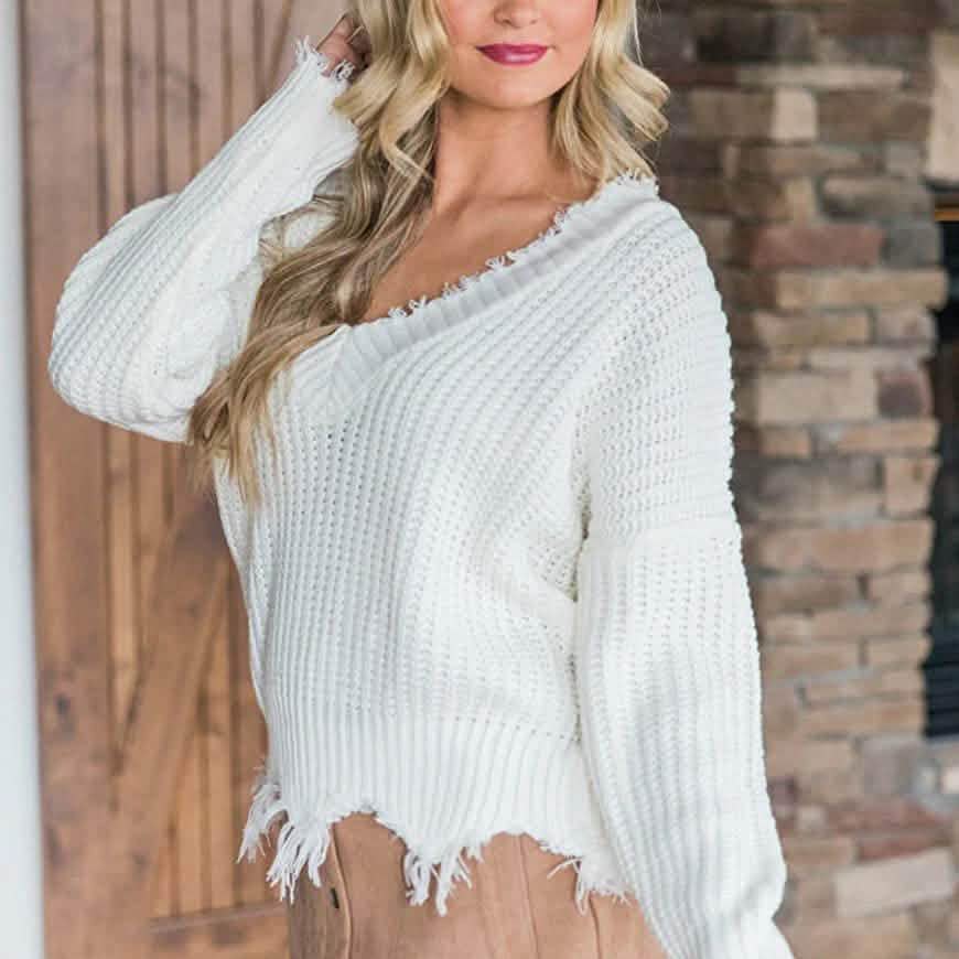 Women’s Distressed V-Neck Cropped Knit Sweater