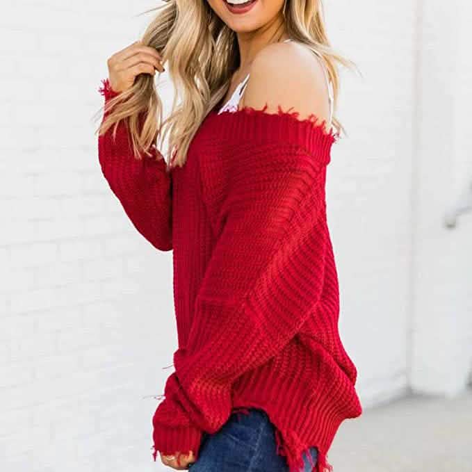 Women’s Distressed V-Neck Cropped Knit Sweater