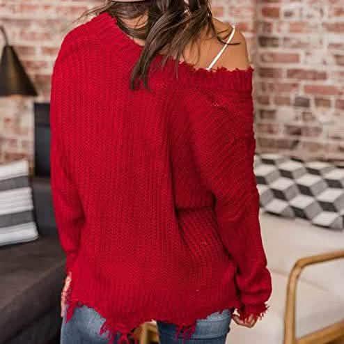 Women’s Distressed V-Neck Cropped Knit Sweater