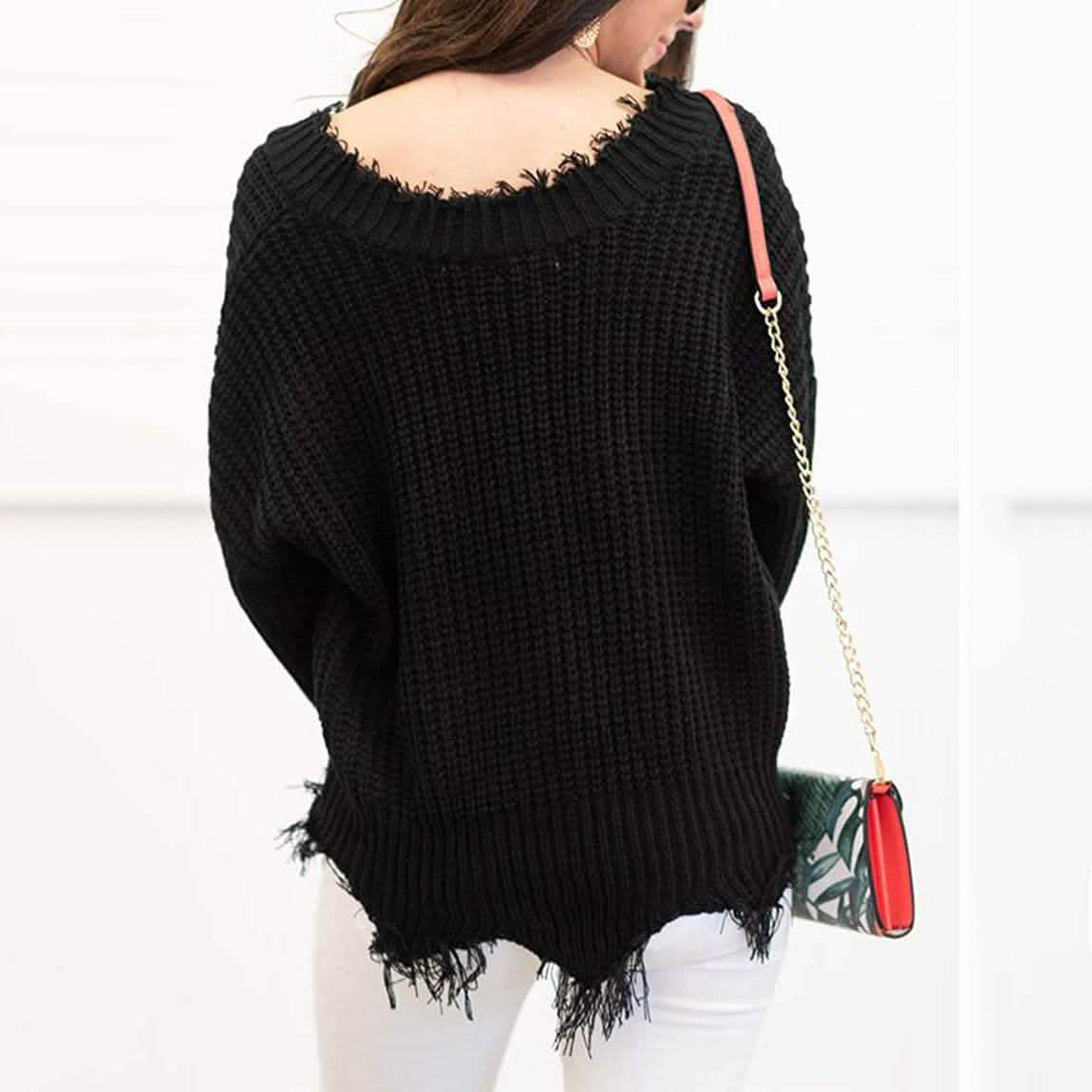 Women’s Distressed V-Neck Cropped Knit Sweater