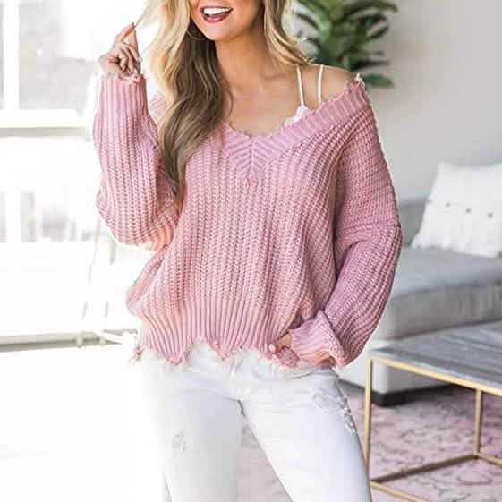 Women’s Distressed V-Neck Cropped Knit Sweater