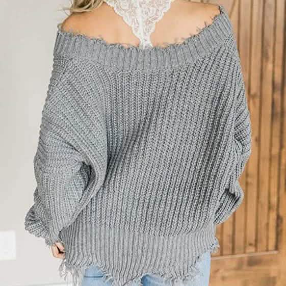 Women’s Distressed V-Neck Cropped Knit Sweater
