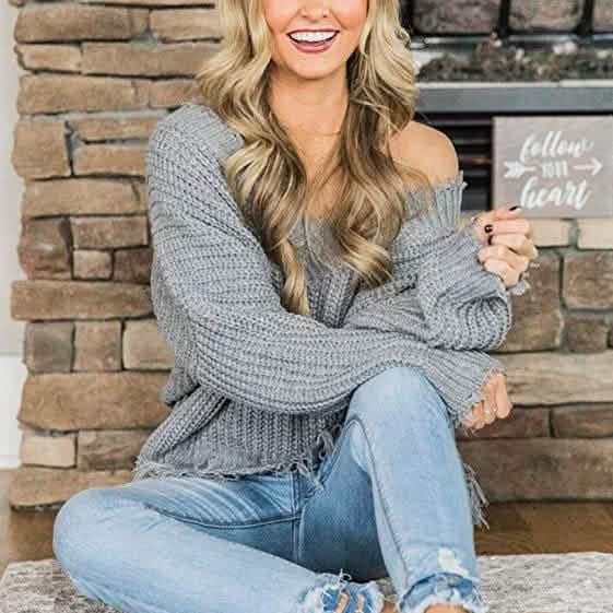 Women’s Distressed V-Neck Cropped Knit Sweater