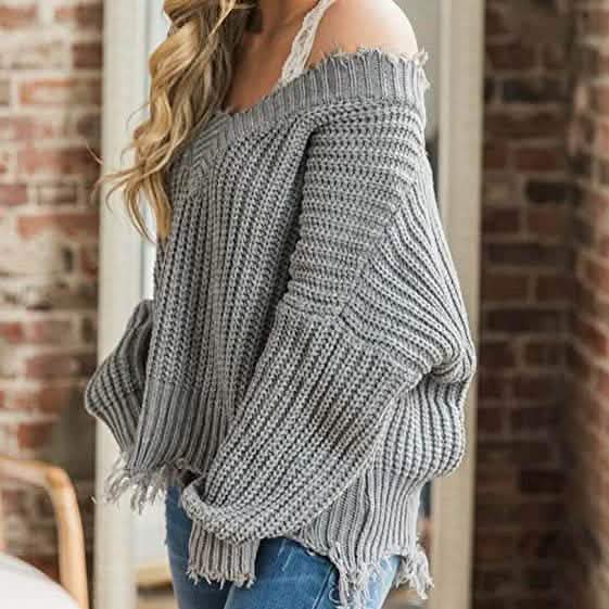 Women’s Distressed V-Neck Cropped Knit Sweater