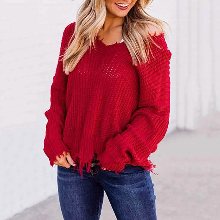 Women’s Distressed V-Neck Cropped Knit Sweater