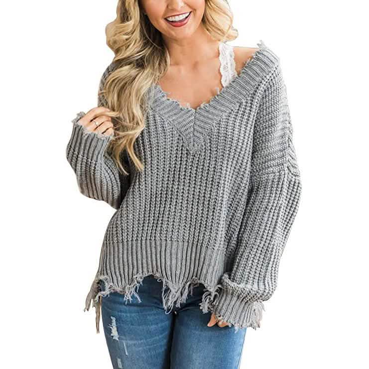 Women’s Distressed V-Neck Cropped Knit Sweater