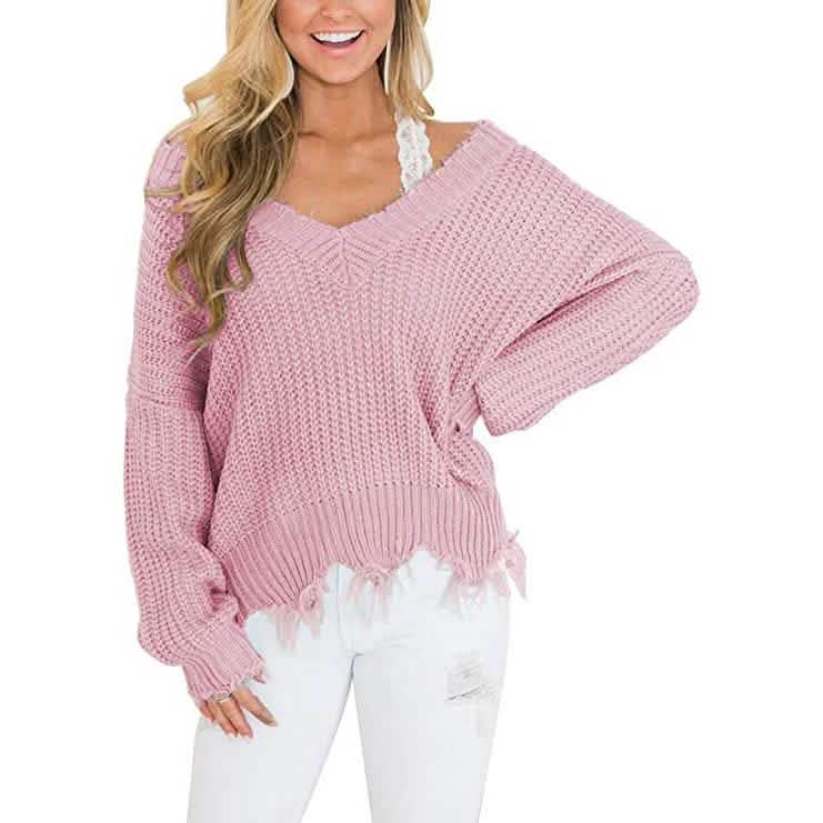 Women’s Distressed V-Neck Cropped Knit Sweater