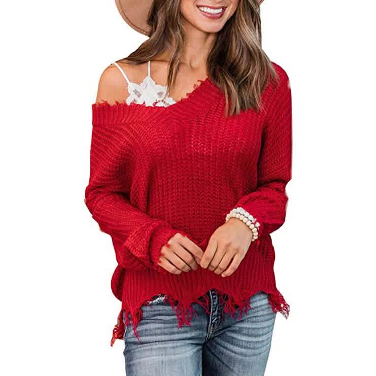Women’s Distressed V-Neck Cropped Knit Sweater